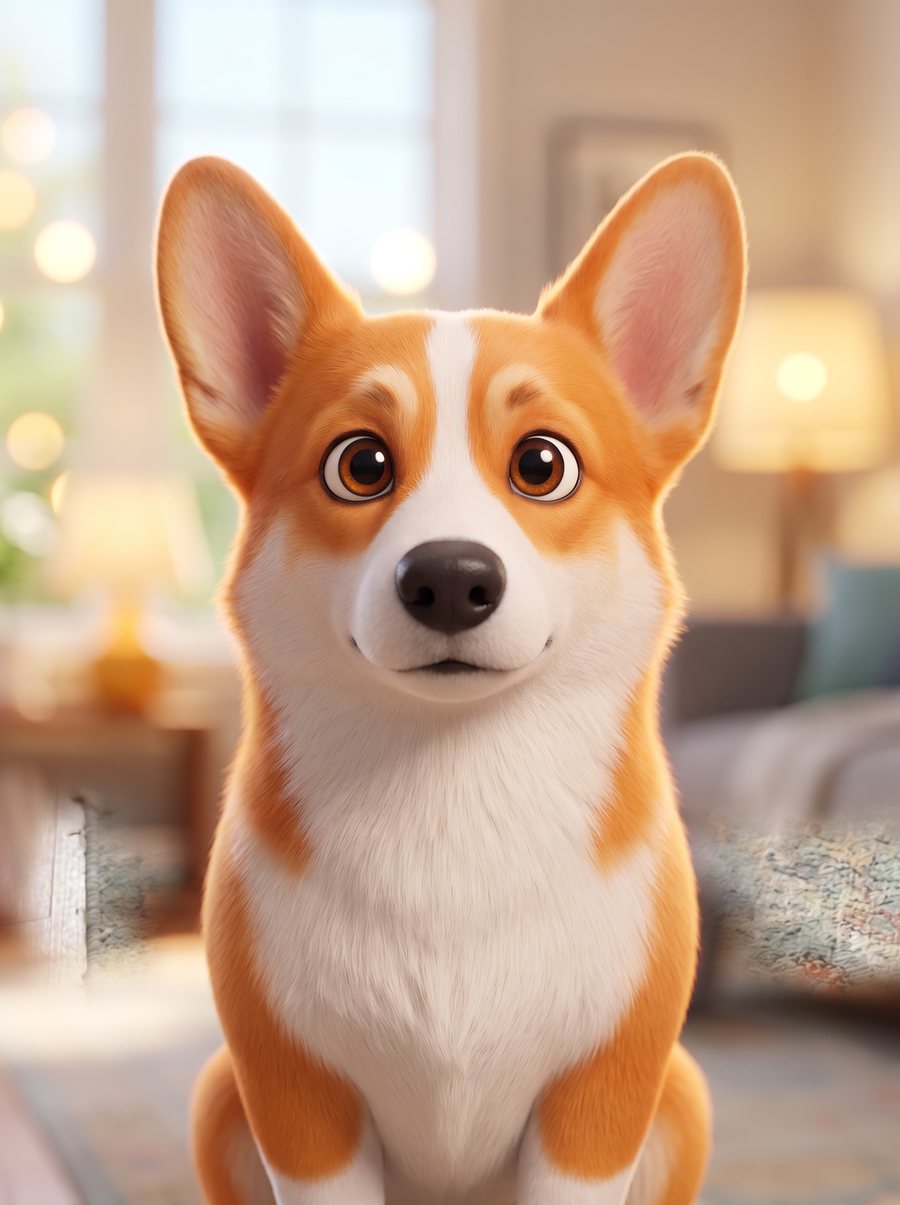 Animated 3D portrait of a Corgi