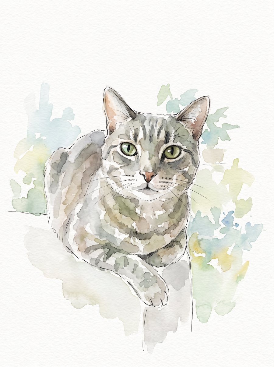 Watercolour portrait of a grey tabby cat