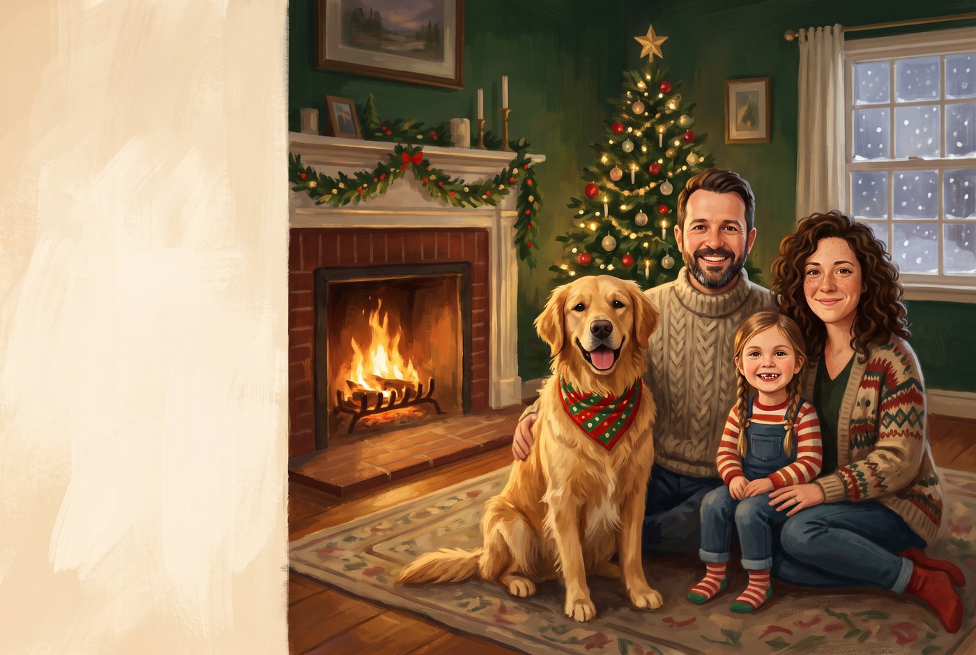 Painted Christmas card of a family with a golden retriever