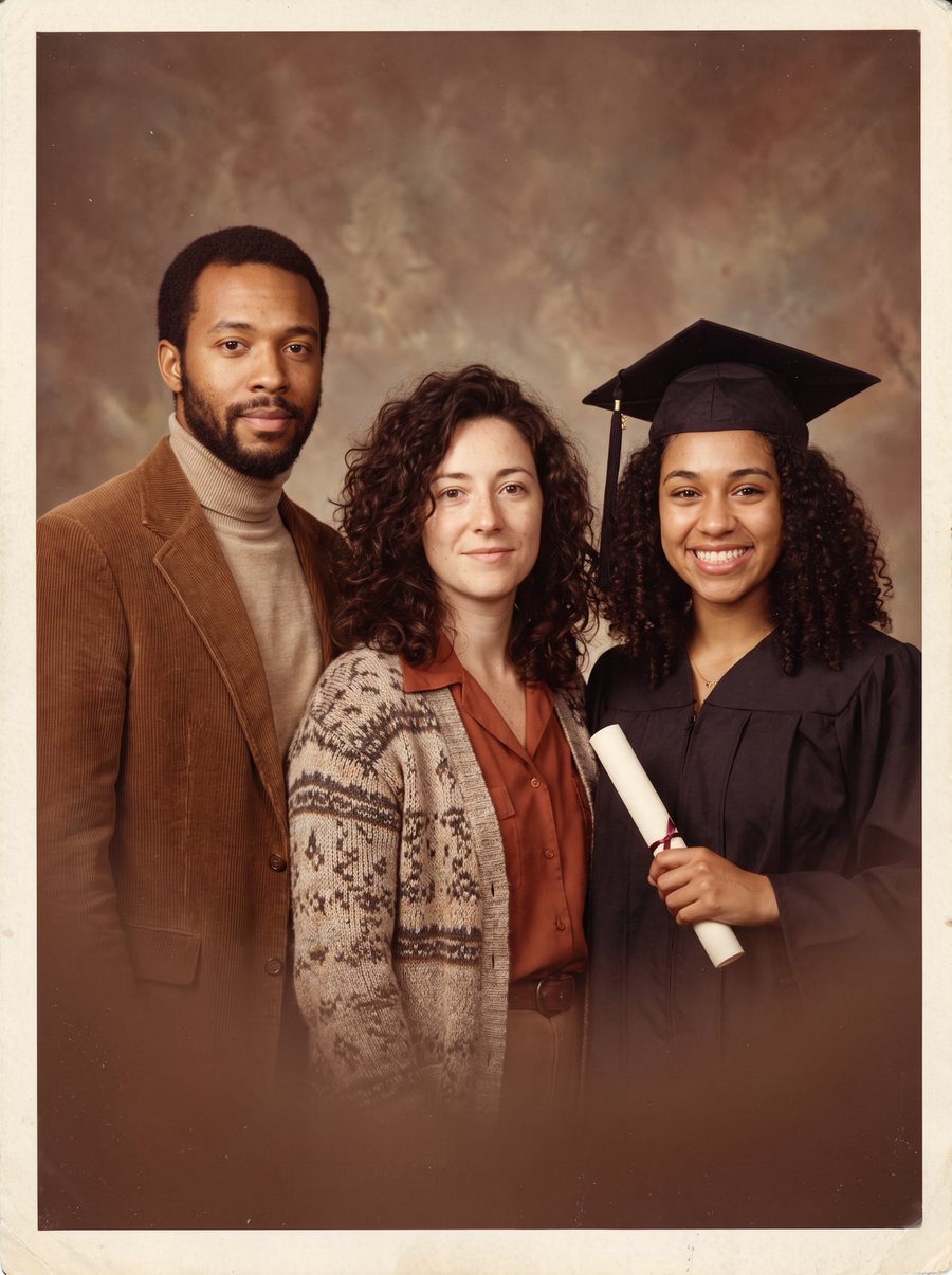 Vintage studio portrait of a graduate with her parents
