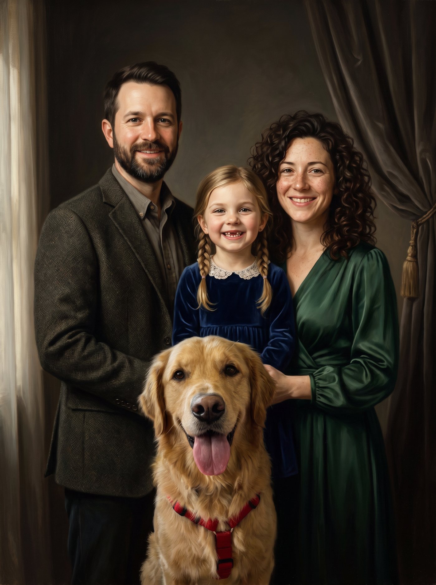 Classic oil family portrait of two adults, a child and a dog composed from four separate photos