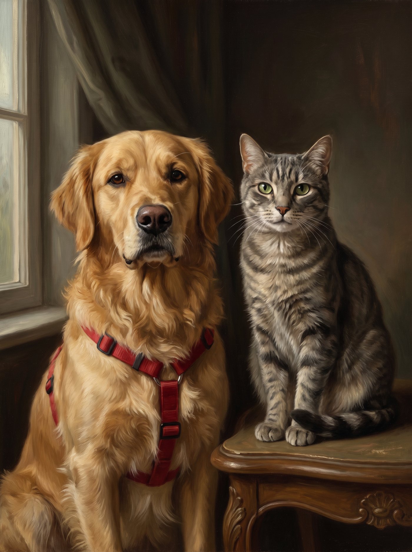 Oil portrait of a golden retriever and a grey tabby cat