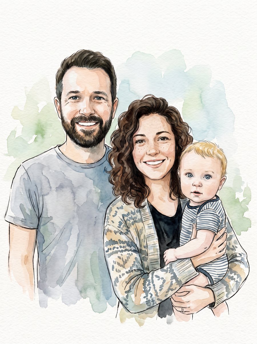Watercolour portrait of two parents with a baby