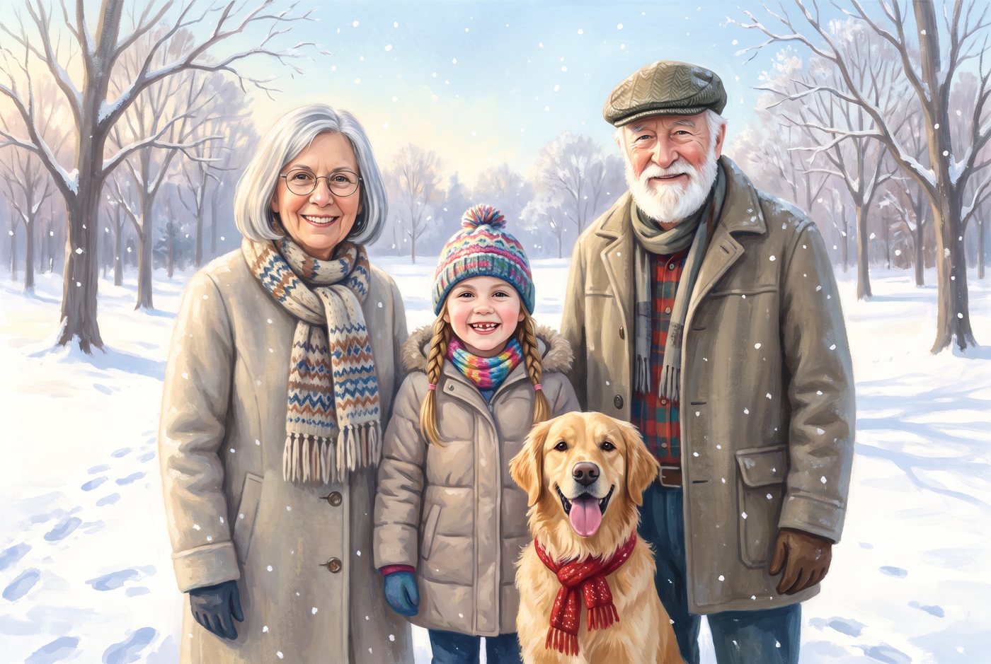 Snow Day painted portrait of grandparents, a child and a golden retriever in a snowy park